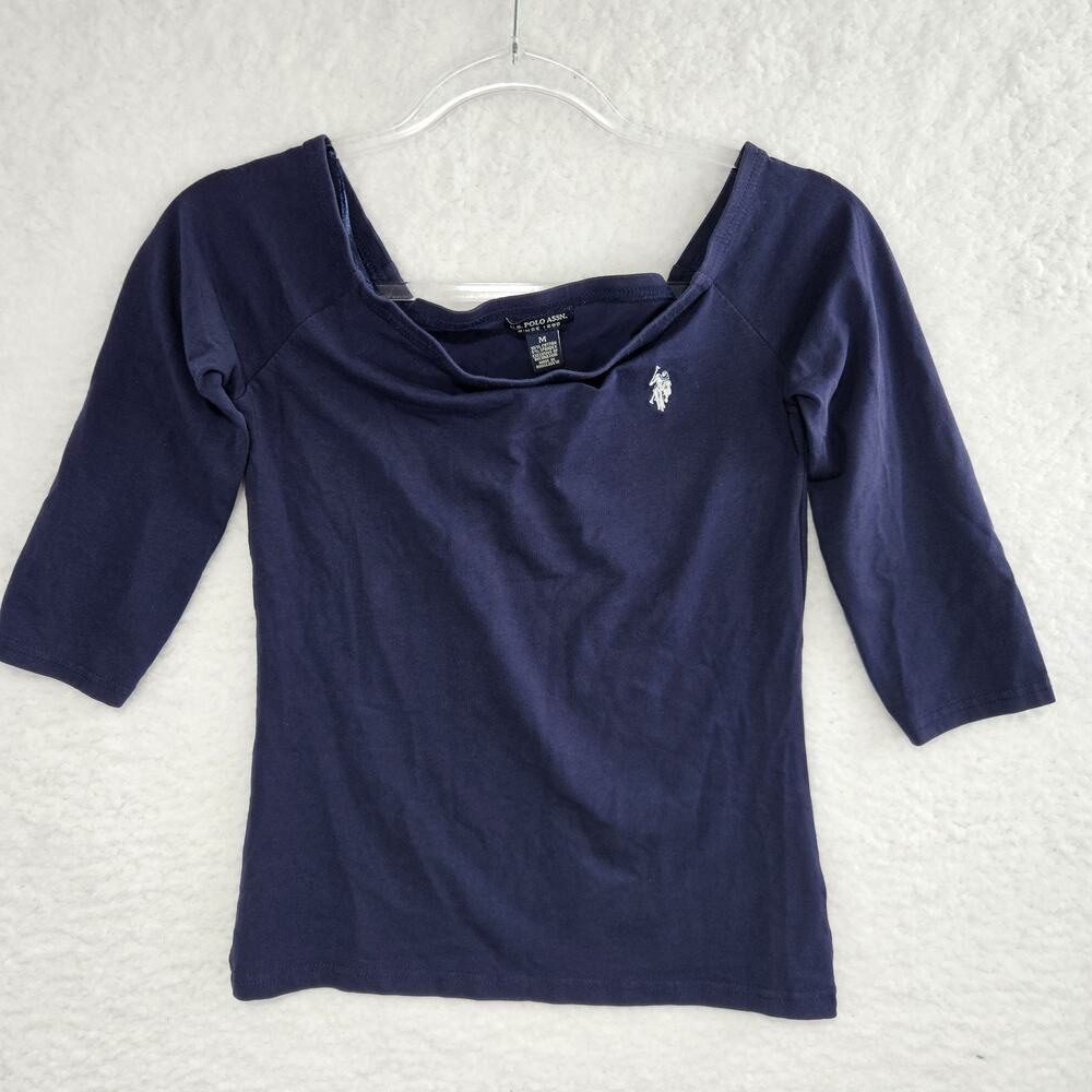 U.S. Polo Assn. Navy Blue Off The Shoulder 3/4 Sleeve Classic Stretch Top Medium